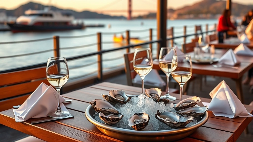 Casual outdoor waterfront dining setup with wooden tables, white napkins, glasses of wine, fresh oysters on ice, San Francisco Bay visible in background, golden hour lighting, natural coastal atmosphere
