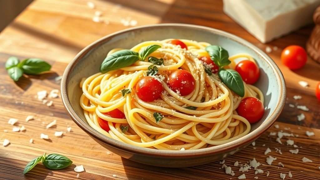Rustic Italian pasta dish with homemade noodles, fresh basil, cherry tomatoes, and creamy sauce in ceramic bowl, scattered parmigiano-reggiano shavings, wooden table surface, warm natural light, appetizing steam visible