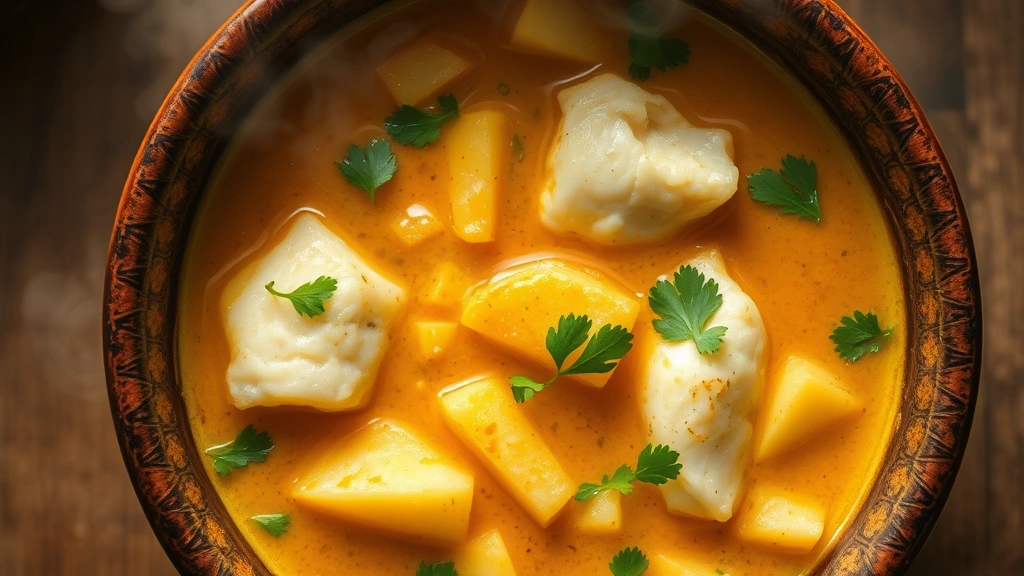 Overhead view of steaming bowl of macher jhol fish curry with turmeric-golden broth, tender white fish pieces, diced potatoes, and fresh coriander, served in traditional ceramic bowl with mustard oil gleaming on surface, warm steam rising, natural lighting
