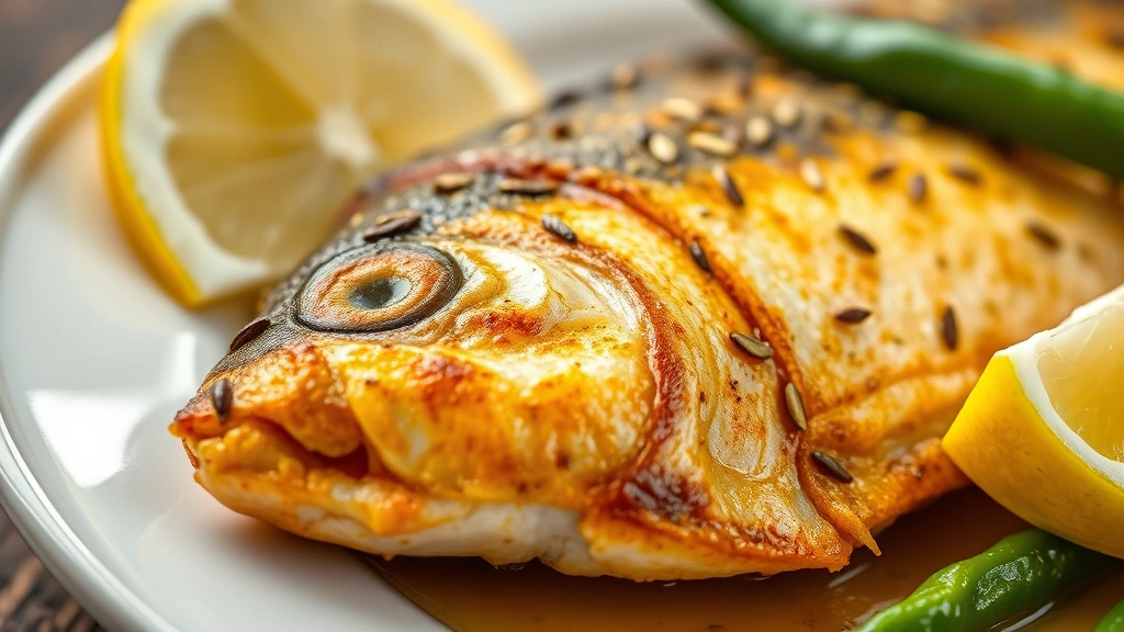 Close-up of perfectly cooked hilsa fish fillet with shorshe ilish mustard paste coating, golden-brown exterior with visible mustard seeds, served on white ceramic plate with fresh green chili and lemon wedges, professional culinary presentation, shallow depth of field