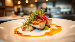 Elegantly plated fine dining dish featuring seared protein with colorful vegetable garnish, microgreens, and artistic sauce presentation on white porcelain plate, professional restaurant kitchen setting, warm ambient lighting, shallow depth of field focusing on plated food