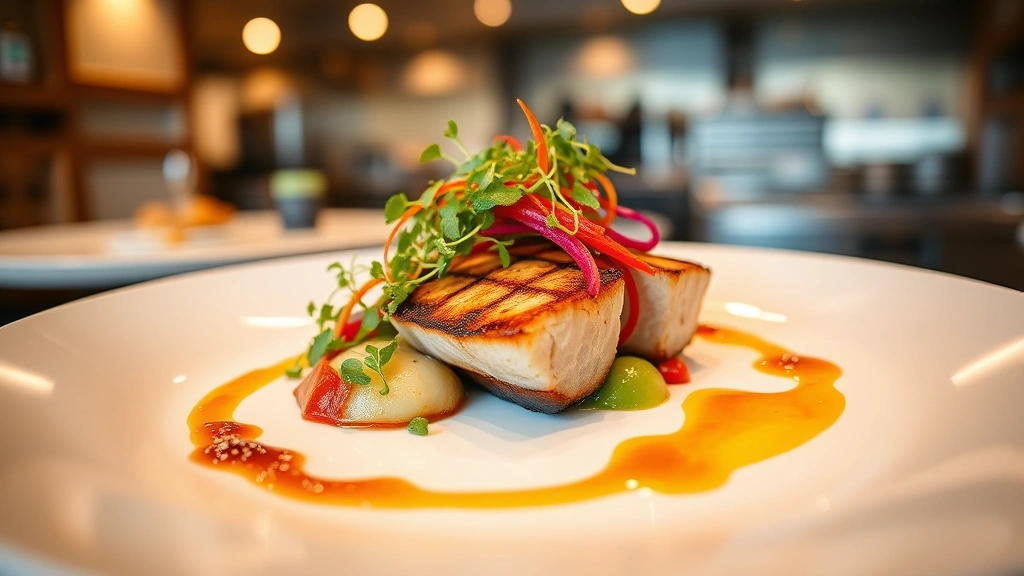 Elegantly plated fine dining dish featuring seared protein with colorful vegetable garnish, microgreens, and artistic sauce presentation on white porcelain plate, professional restaurant kitchen setting, warm ambient lighting, shallow depth of field focusing on plated food