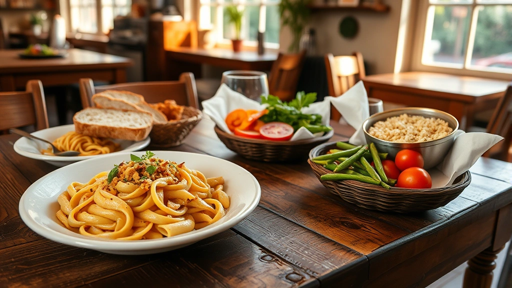 Rustic wooden table with casual neighborhood restaurant comfort food including fresh pasta, crusty bread, and seasonal vegetables, natural daylight streaming through windows, warm inviting atmosphere, family-style dining presentation