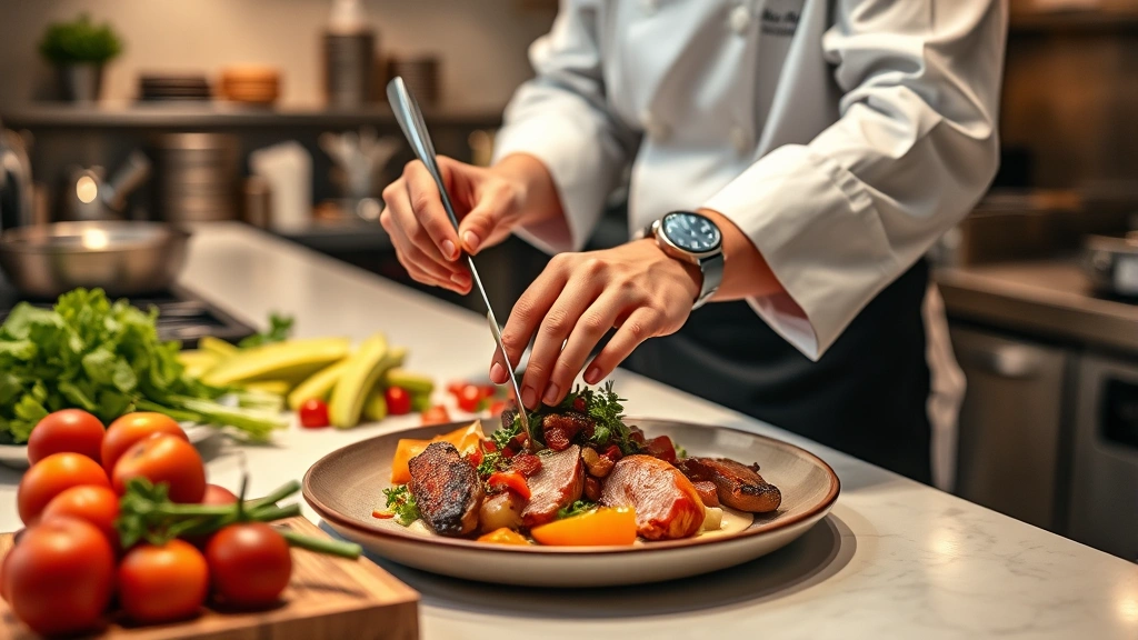 Chef's hands expertly preparing dish at open kitchen counter, fresh seasonal ingredients visible including colorful produce and premium proteins, professional culinary technique in action, warm kitchen lighting, focus on craftsmanship and precision
