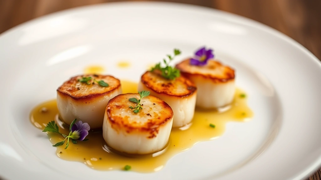 Perfectly seared pan-seared diver scallops with golden brown butter emulsion, microgreens, and edible flowers on white plate, professional plating, studio lighting, close-up, food photography