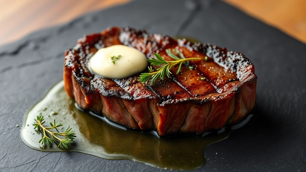 Dry-aged ribeye steak with caramelized crust, medium-rare interior, herb butter, and crispy fleur de sel garnish on dark slate plate, elegant presentation, warm lighting