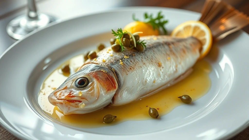 Whole roasted Dover sole with champagne beurre blanc, crispy capers, lemon zest, and seasonal vegetables, classical plating, fine dining presentation, soft natural light