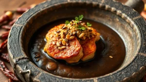 Artfully plated Mexican mole negro with tender braised chicken, topped with toasted sesame seeds, surrounded by charred dried chilies and traditional stone molcajete in soft golden lighting, photorealistic fine dining presentation