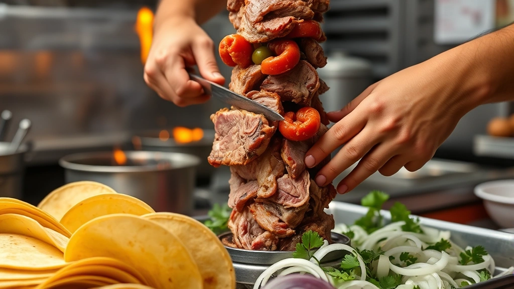 Hands of skilled taquero slicing al pastor meat from vertical rotating spit, warm corn tortillas steaming nearby, fresh white onion and cilantro visible, open-flame kitchen background, authentic street food atmosphere