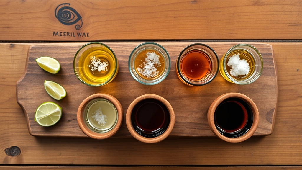 Overhead view of mezcal tasting flight with five different expressions in traditional clay copitas, each showing distinct color variations from pale amber to deep smoky brown, accompanied by sliced lime and sal de gusano, rustic wooden table setting