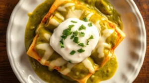 Overhead shot of vibrant green enchiladas verdes topped with crema and queso fresco, steaming on white ceramic plate with fresh cilantro garnish, warm lighting highlighting the sauce layers and melted cheese