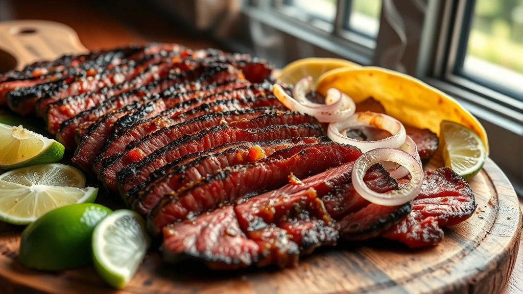Close-up of perfectly charred carne asada sliced thin, arranged on rustic wooden board with fresh lime wedges, grilled onions, and warm corn tortillas, smoke wisping from the meat surface, natural window lighting