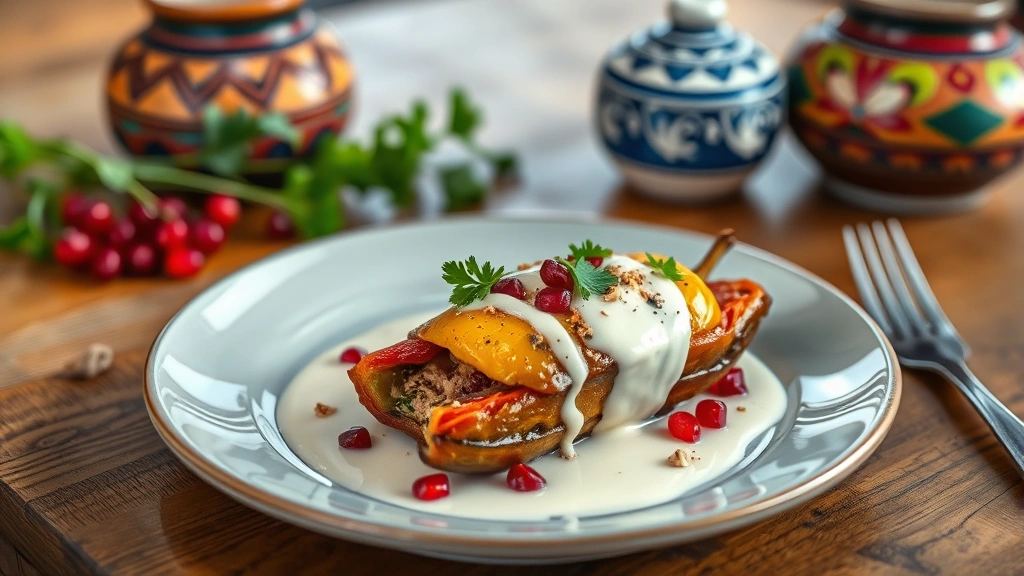 Artistic plating of chile relleno with walnut cream sauce drizzled artfully, pomegranate seeds and fresh parsley garnish, wooden table setting with traditional Mexican pottery in soft focus background