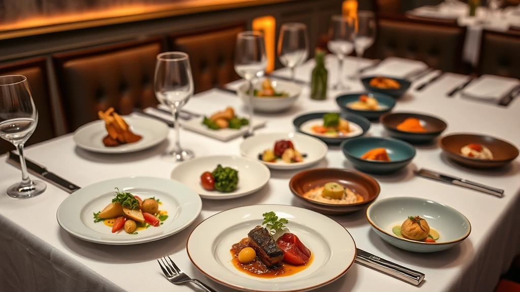 Artfully composed multi-course tasting menu progression displayed on table, various colored plates and bowls with refined presentations, elegant table setting, subtle background lighting