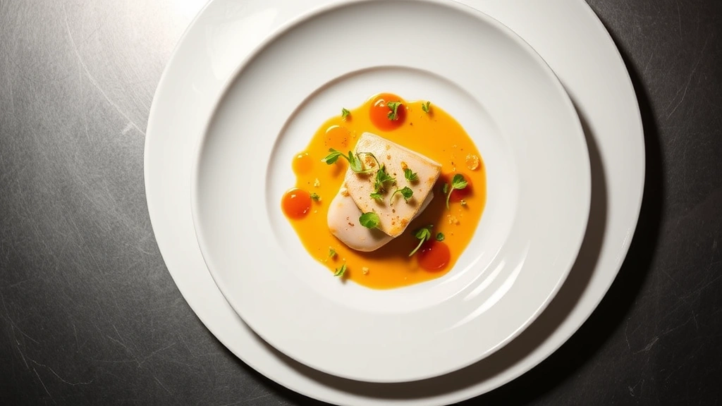 Overhead shot of an elegantly plated fine dining tasting menu course featuring a delicate protein with artistic sauce work, microgreens, and gold leaf garnish on white ceramic dishware, professional kitchen lighting