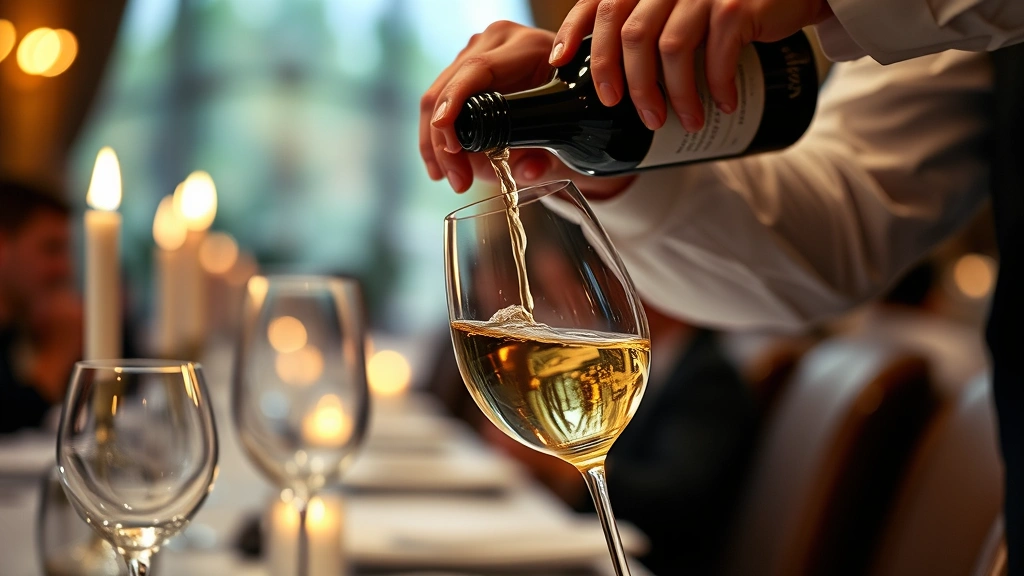 Close-up of a sommelier's hands pouring a premium wine into a crystal glass at a fine dining establishment, showing the precise angle and refined glassware, candlelit ambiance in background