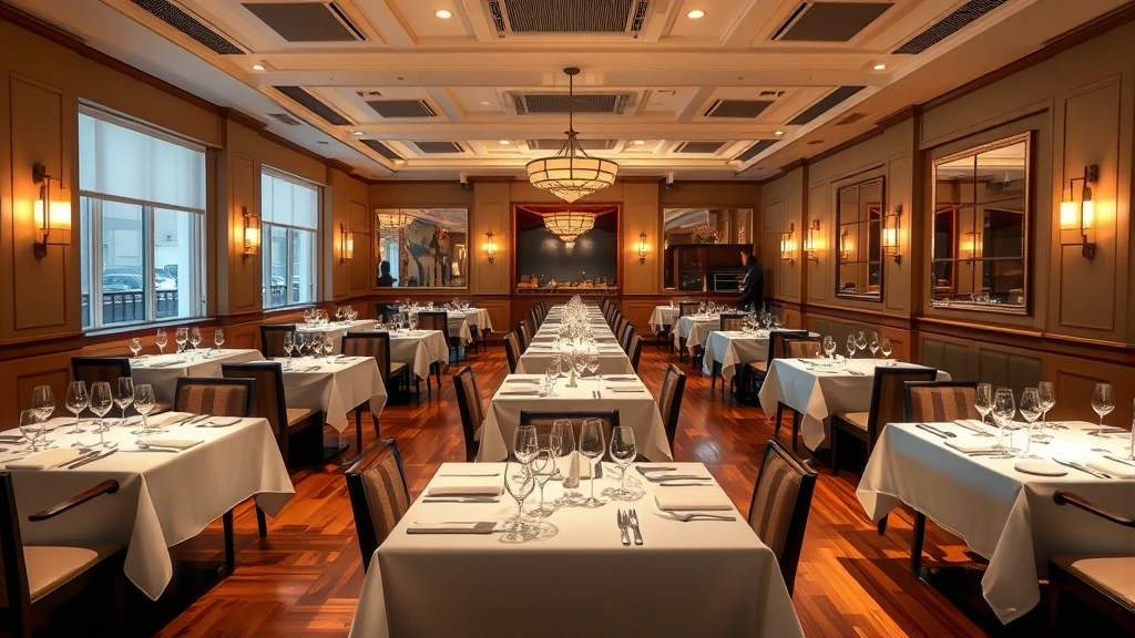 Panoramic view of an empty fine dining restaurant interior showing vacant tables with pristine white linens, elegant place settings, and soft ambient lighting casting shadows across hardwood floors