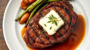 Overhead shot of a perfectly seared prime ribeye steak with a golden crust, topped with herb-infused compound butter melting across the surface, accompanied by roasted seasonal vegetables and a rich demi-glace sauce on white porcelain plate