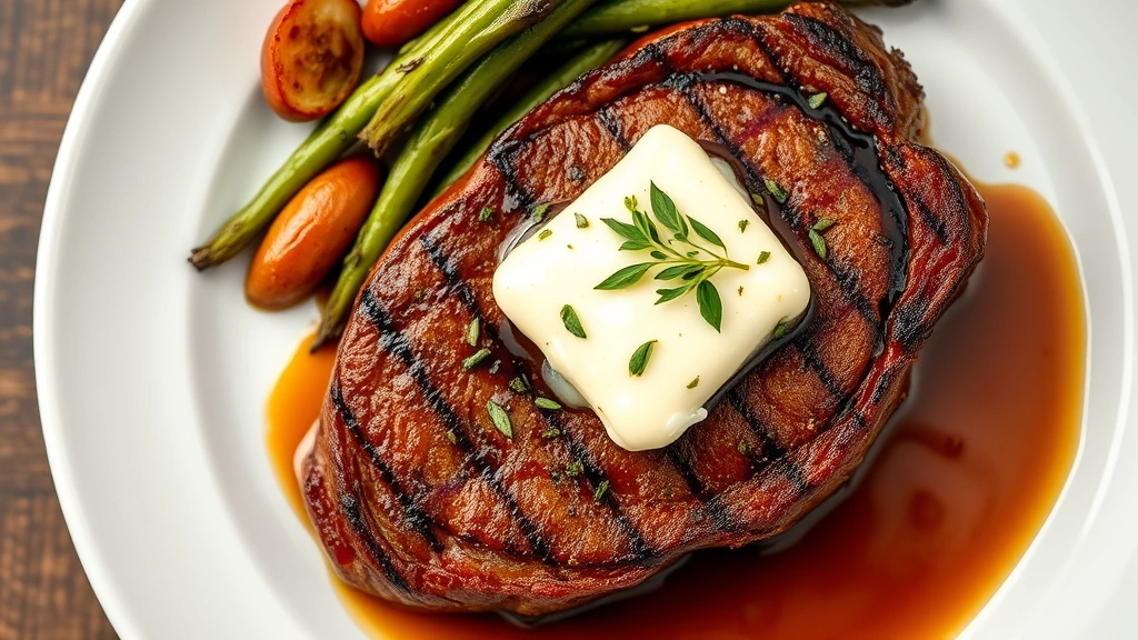 Overhead shot of a perfectly seared prime ribeye steak with a golden crust, topped with herb-infused compound butter melting across the surface, accompanied by roasted seasonal vegetables and a rich demi-glace sauce on white porcelain plate