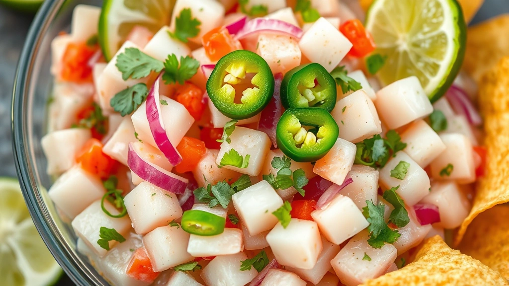 Vibrant close-up of fresh ceviche in a glass bowl featuring diced white fish, lime-cured until opaque, garnished with cilantro, red onion, and jalapeño slices, with fresh lime wedges and crispy tortilla chips visible at the edge