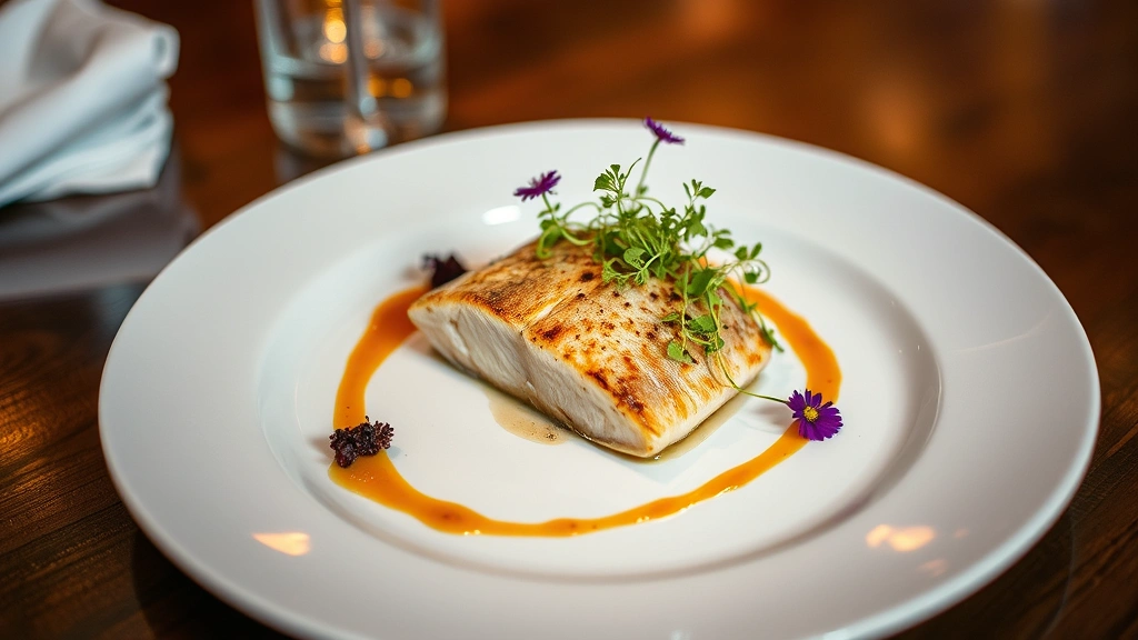 Elegant plated farm-to-table dinner featuring a perfectly cooked piece of seasonal fish, microgreens, edible flowers, and artistic sauce drizzle on a minimalist white plate, photographed in warm restaurant lighting