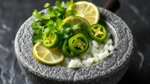 Close-up of molcajete stone mortar with fresh cilantro, jalapeños, lime wedges, and diced white onions arranged artfully on dark volcanic stone surface, professional restaurant lighting, shallow depth of field, vibrant green herbs contrasting with stone texture