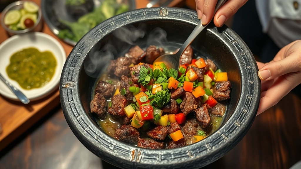 Overhead shot of sizzling cast-iron molcajete bowl filled with charred carne asada beef, fresh diced vegetables, and salsa verde, steam rising, server's hands visible with utensil, warm restaurant ambient lighting, shallow focus on the stone