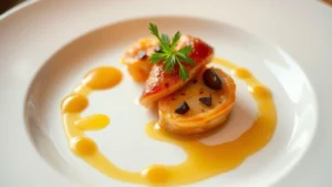 Artfully plated fine dining dish with herb garnish, white plate, soft lighting, close-up detail showing sauce drizzle and ingredient precision