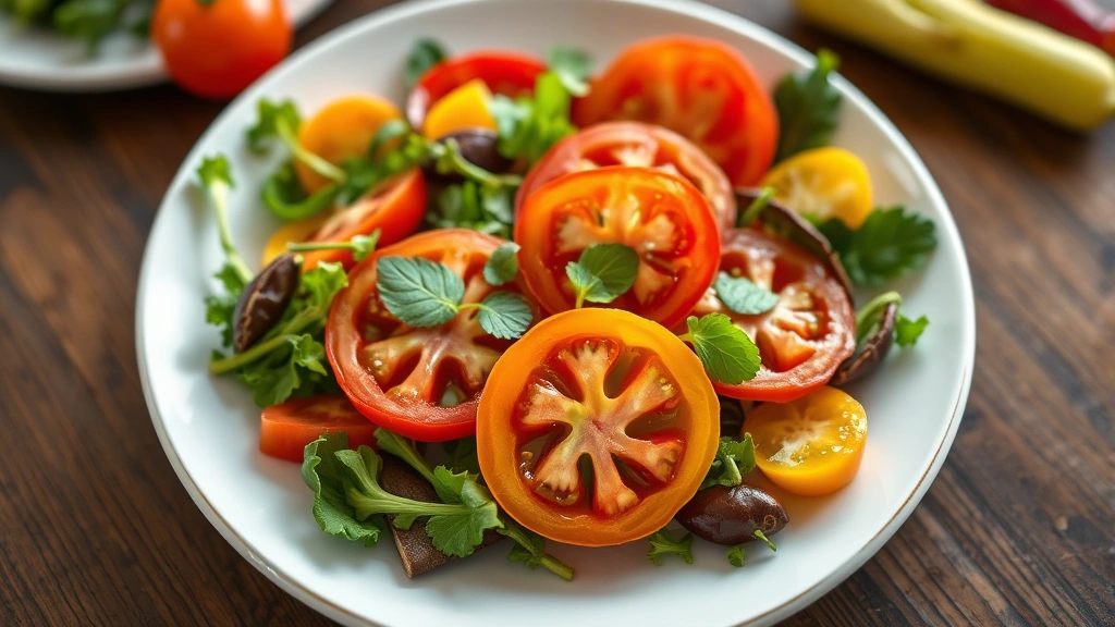 Overhead shot of artfully plated farm-fresh vegetables with vibrant greens, reds, and yellows on white ceramic plate, professional restaurant presentation, soft natural lighting, shallow depth of field focusing on heirloom tomato slices