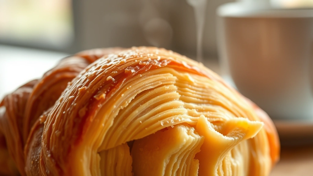 Close-up of buttery croissant showing perfect lamination layers being broken apart, steam rising, golden-brown exterior, flaky pastry texture, coffee cup blurred in background, warm morning light