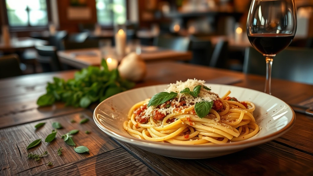 Rustic wooden table displaying Italian pasta dish with fresh basil, creamy sauce, and shaved parmesan, wine glass with red wine, fresh herbs scattered nearby, warm ambient restaurant lighting, intimate dinner setting