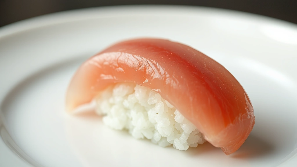 Close-up of pristine nigiri sushi with translucent fatty tuna and perfectly formed rice mound, glossy surface reflecting light, minimalist white ceramic plate, professional culinary photography