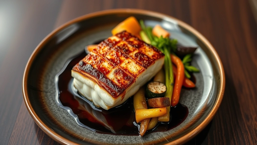 Elegant plated Japanese meal featuring grilled miso-glazed black cod with crispy skin, seasonal vegetables, and artistic sauce drizzle on ceramic dish, fine dining presentation