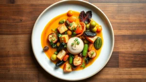 Overhead view of a plated gourmet dish featuring seasonal vegetables, microgreens, and sauce artfully arranged on white ceramic plate, professional fine dining presentation with natural lighting