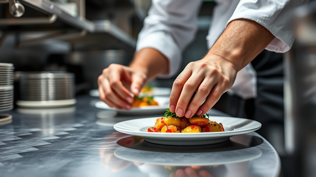Close-up of hands plating sophisticated cuisine in professional kitchen, chef carefully garnishing dish with precision, stainless steel countertops and professional kitchen equipment visible