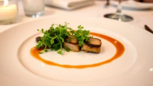 Plated fine dining dish with microgreens, sauce swoosh, and elegant presentation on white ceramic plate, soft restaurant lighting