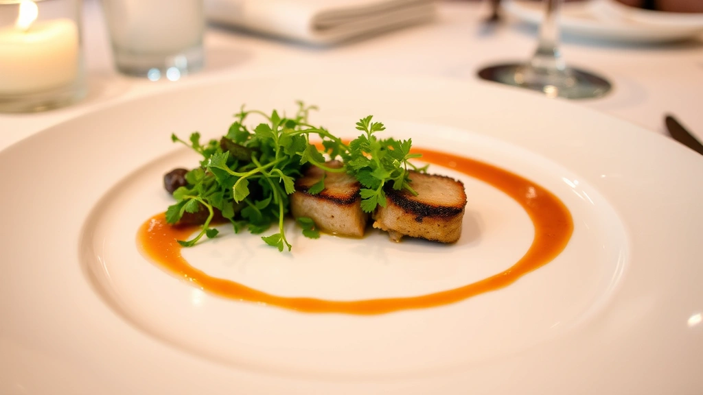 Plated fine dining dish with microgreens, sauce swoosh, and elegant presentation on white ceramic plate, soft restaurant lighting