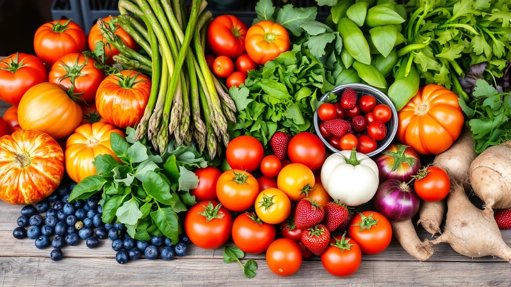 Fresh farmers market produce display: heirloom tomatoes, asparagus, berries, leafy greens, and root vegetables arranged colorfully on rustic wooden surface