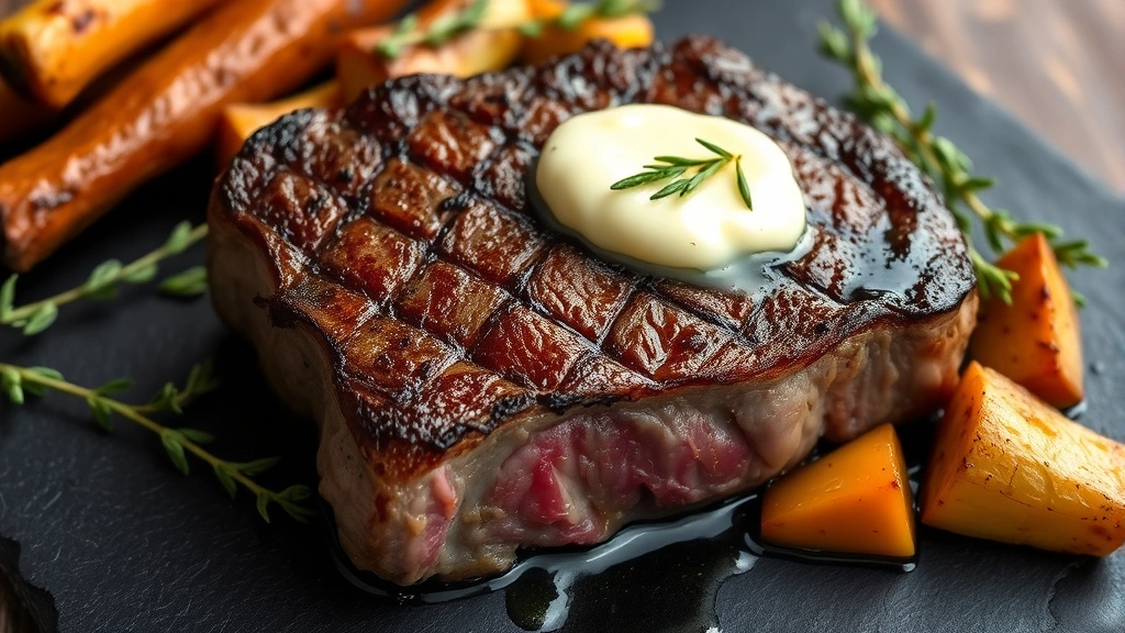 Dry-aged steak with golden crust, herb butter melting on top, surrounded by roasted root vegetables and fresh thyme on dark slate plate