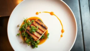 Overhead view of an elegantly plated fine dining dish with seared protein, colorful microgreens, and artistic sauce swirls on a white plate, soft warm lighting, professional restaurant kitchen setting