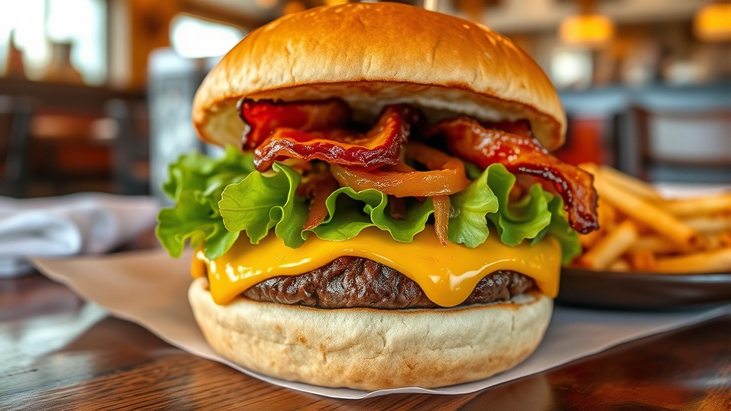 Close-up of a gourmet burger with crispy bacon, melted cheese, fresh lettuce, and caramelized onions on a toasted bun, casual restaurant table setting with napkins, warm natural lighting