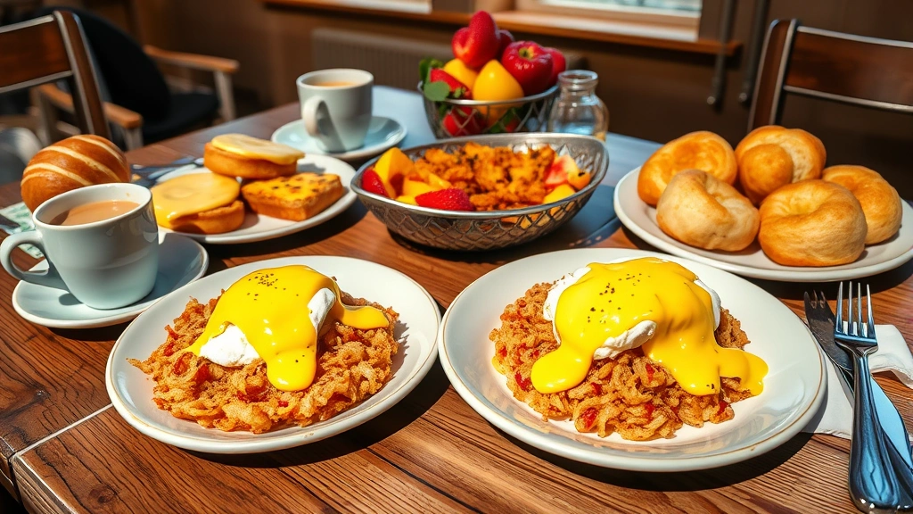 Artfully arranged brunch spread featuring poached eggs with hollandaise, crispy hash browns, fresh fruit, and pastries on rustic wooden table, coffee cup visible, morning sunlight streaming through windows