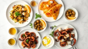 Overhead flat lay of traditional Greek mezze platter featuring saganaki, spanakopita, grilled octopus, tzatziki, olives, and feta cheese on white ceramic plates with fresh lemon wedges and olive oil drizzle, natural daylight