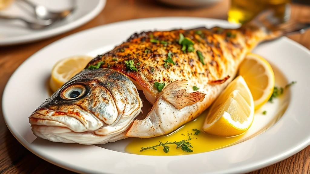 Whole grilled Mediterranean sea bass on white plate with crispy skin, fresh herbs, lemon wedges, and extra virgin olive oil, professional restaurant plating, shallow depth of field