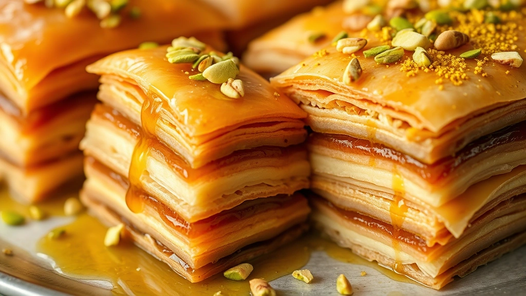 Layered Greek baklava and galaktoboureko pastries with phyllo sheets visible, honey drizzle, crushed pistachios, warm golden-brown color, close-up food photography with natural lighting