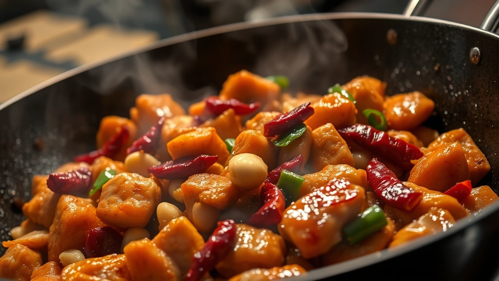 Close-up of sizzling Kung Pao Chicken in a traditional wok, glistening with dark sauce, garnished with roasted peanuts and dried red chilies, steam rising, professional restaurant kitchen lighting