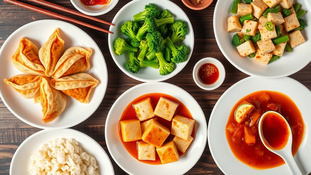 Overhead flat lay of multiple Chinese dishes on white porcelain plates: pan-fried dumplings with crispy bottoms, vibrant green broccoli, silken tofu in red sauce, arranged artfully with chopsticks and ceramic spoon