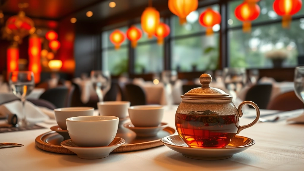 Elegant table setting at upscale casual Chinese restaurant with loose-leaf tea service in ceramic pot, white linens, red lantern ambient lighting in background, focused on the tea cups and brewing vessel