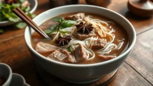 Steaming bowl of authentic Vietnamese pho with clear beef broth, fresh rice noodles, rare beef slices, and aromatic star anise floating on surface, served in white ceramic bowl with wooden chopsticks and ceramic spoon on rustic wooden table, soft warm lighting