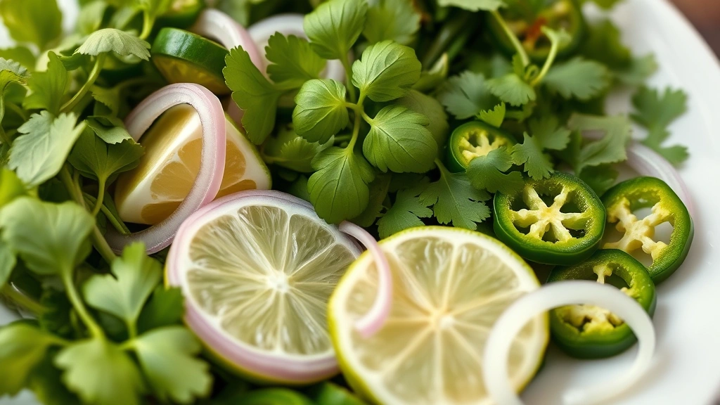 Close-up of fresh Vietnamese herb plate with vibrant green Thai basil, cilantro, sawtooth coriander, fresh lime wedges, sliced jalapeño peppers, and raw onion rings arranged artfully on white plate, natural daylight, shallow depth of field